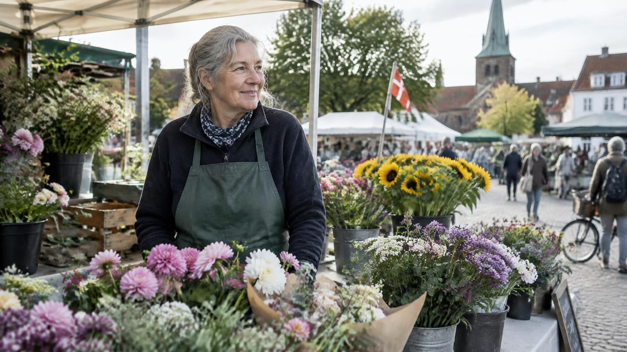 Danish ethnic elderly woman selling flowers at a local market