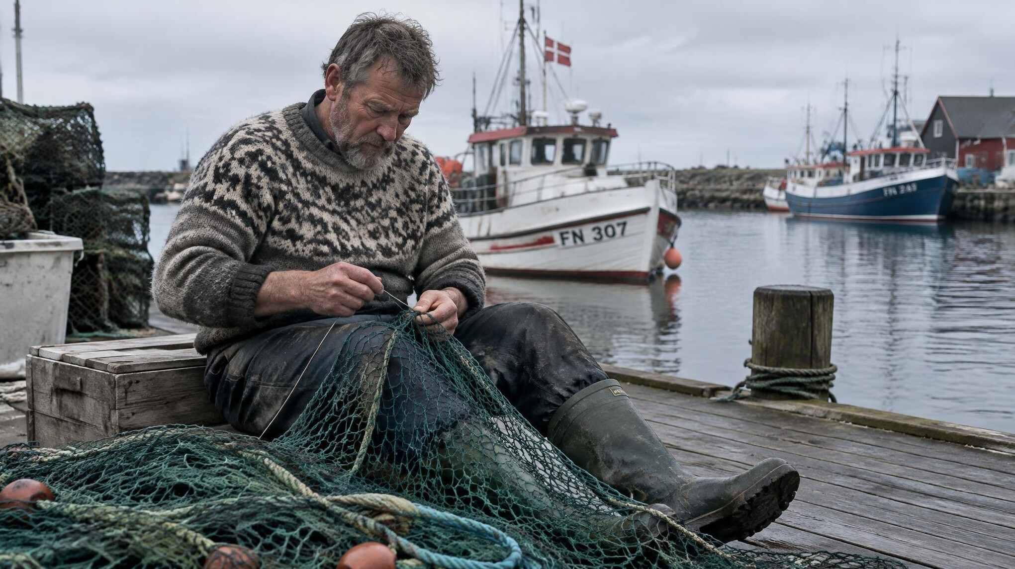 Danish ethnic fisherman mending nets by the harbor