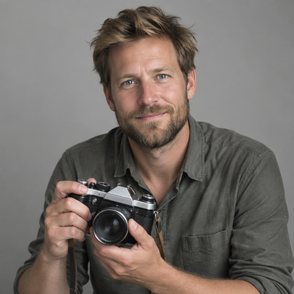 Portrait of a male documentary photographer with camera