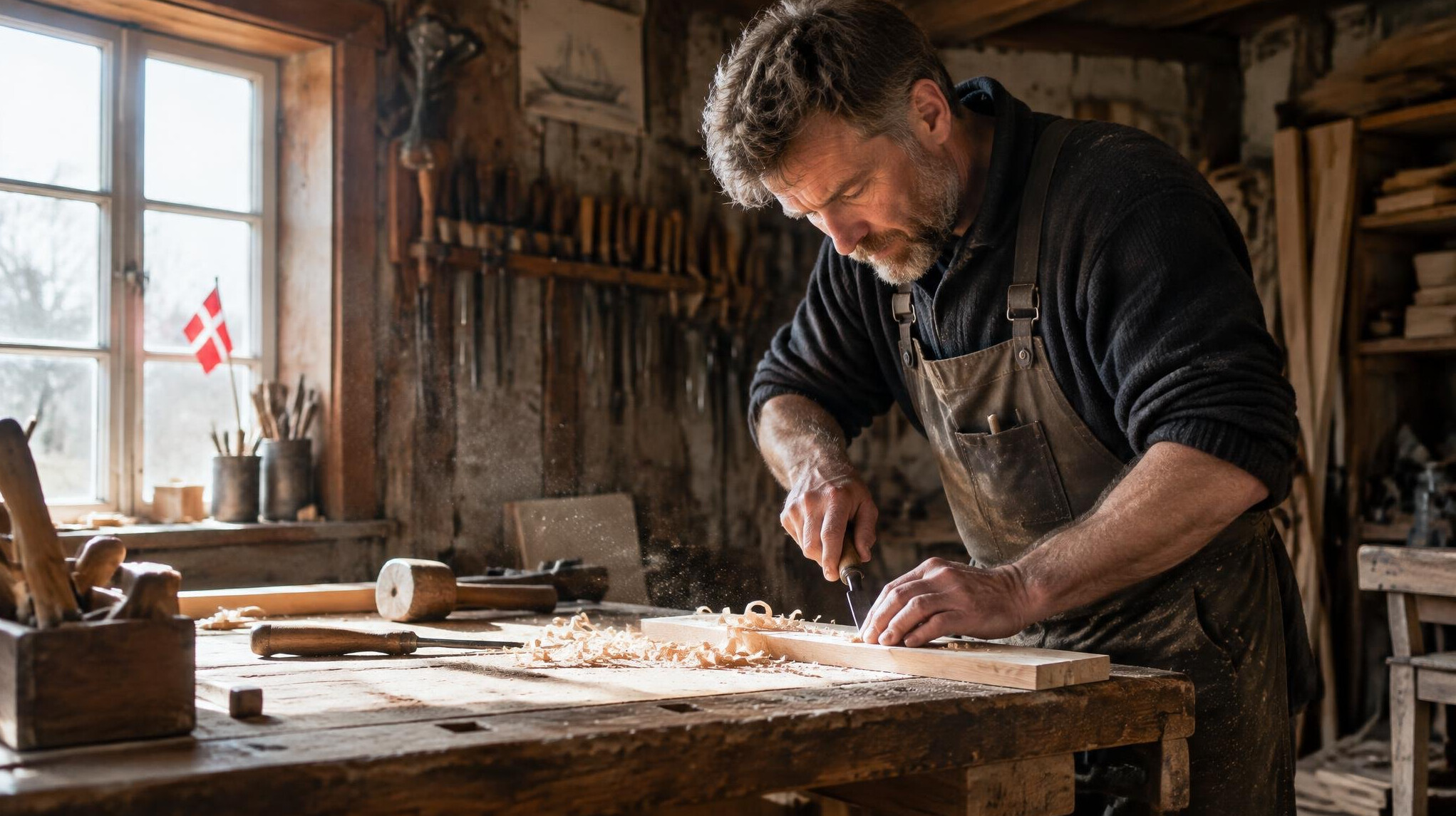 Danish ethnic carpenter working with wood tools in a workshop